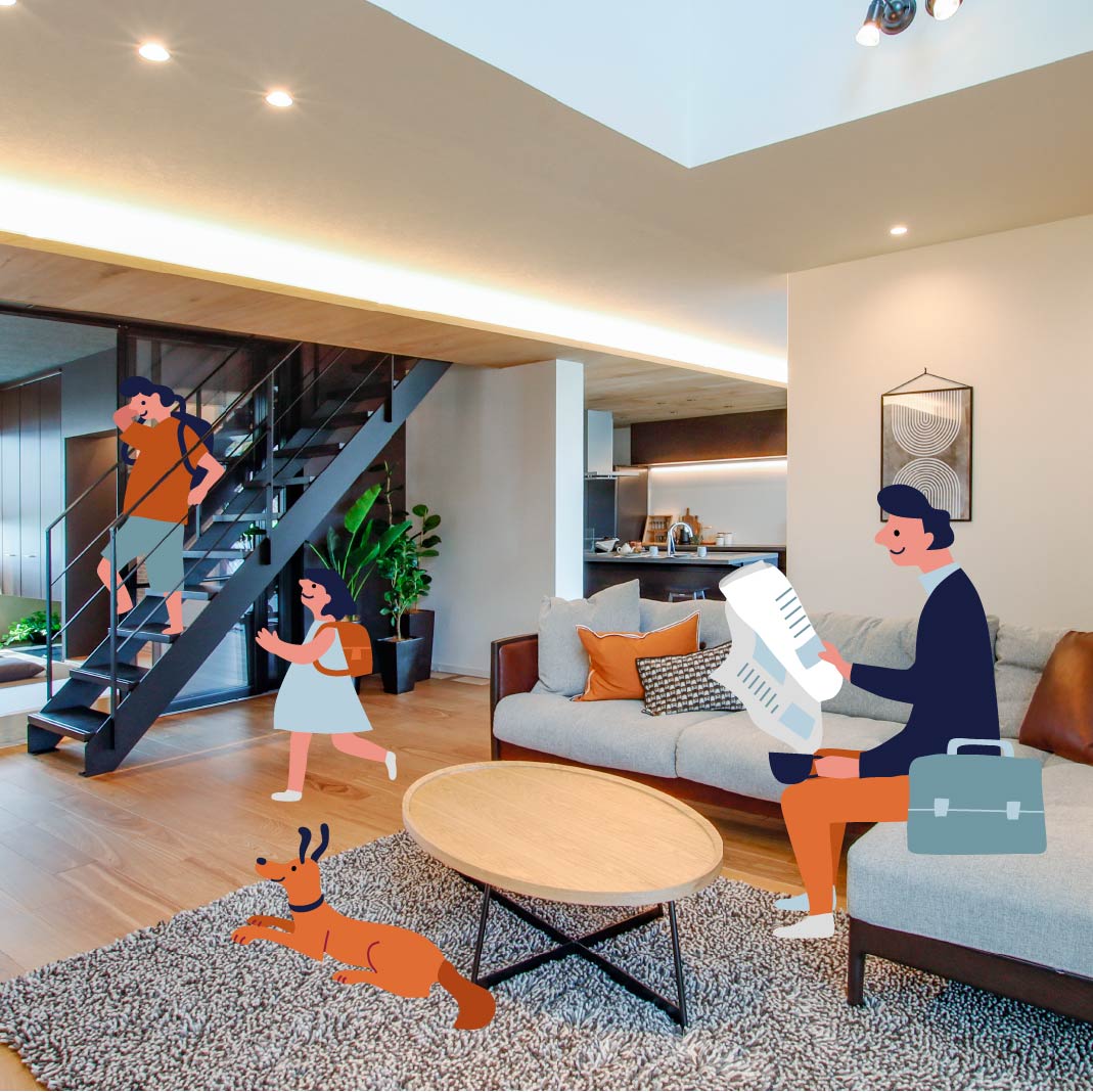 ソファで新聞を読む父親と学校に行く準備をする2人の子どもの画像